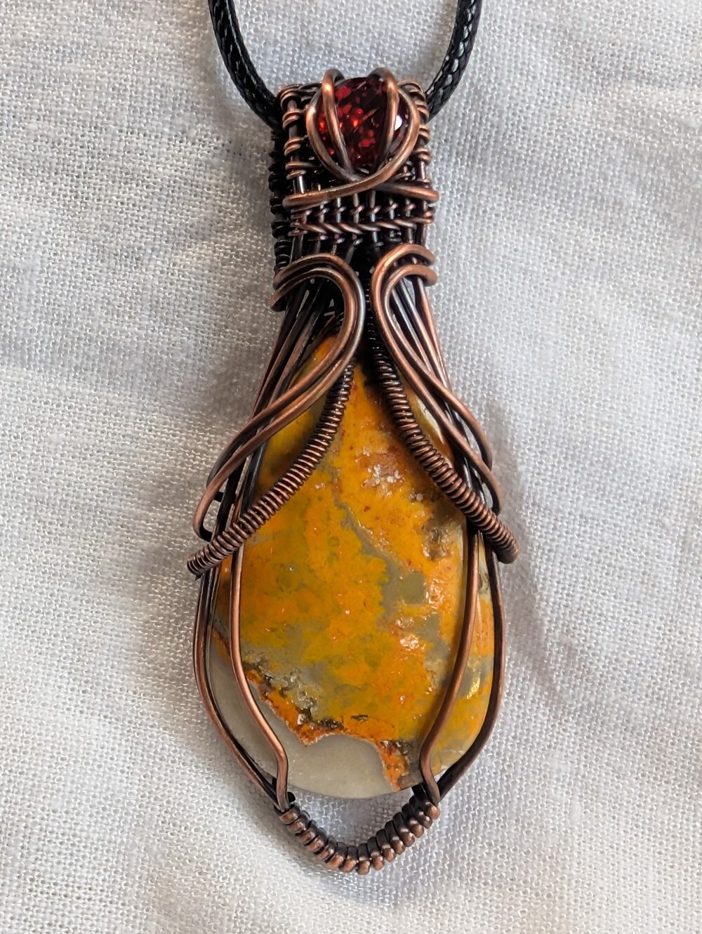 Bumblebee Jasper & Garnet  Handmade Copper Wire Wrapped Pendant - Picture 3 of 7